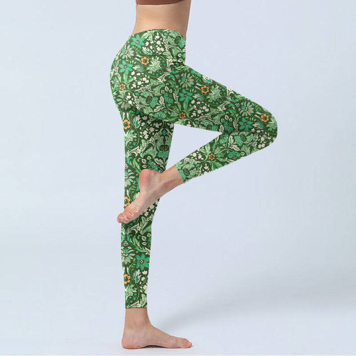 Buddha Stonesグリーンステッチ対称花葉柄プリントジムレギンスレディースヨガパンツ - image 4