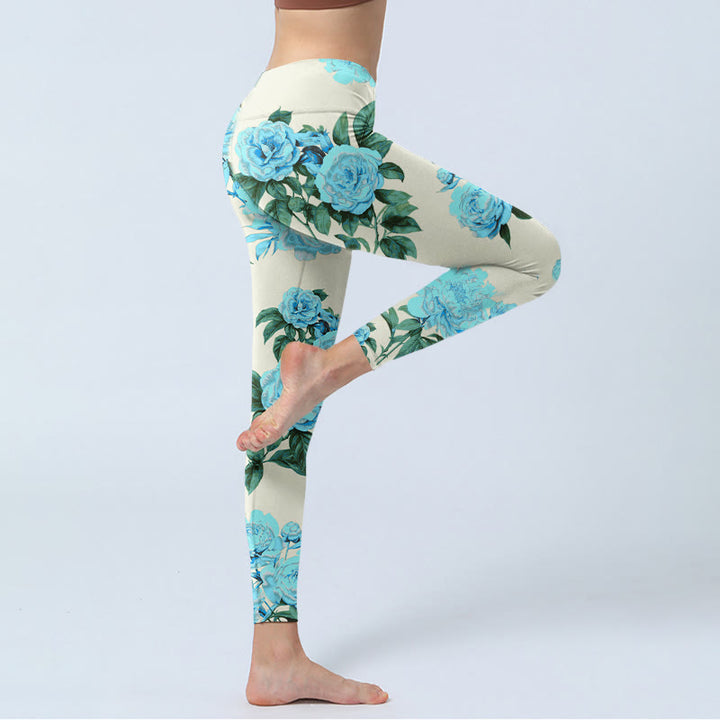 Buddha Stones、ホワイトステッチ、牡丹、花、葉柄プリント、ジムレギンス、レディースヨガパンツ - image 5