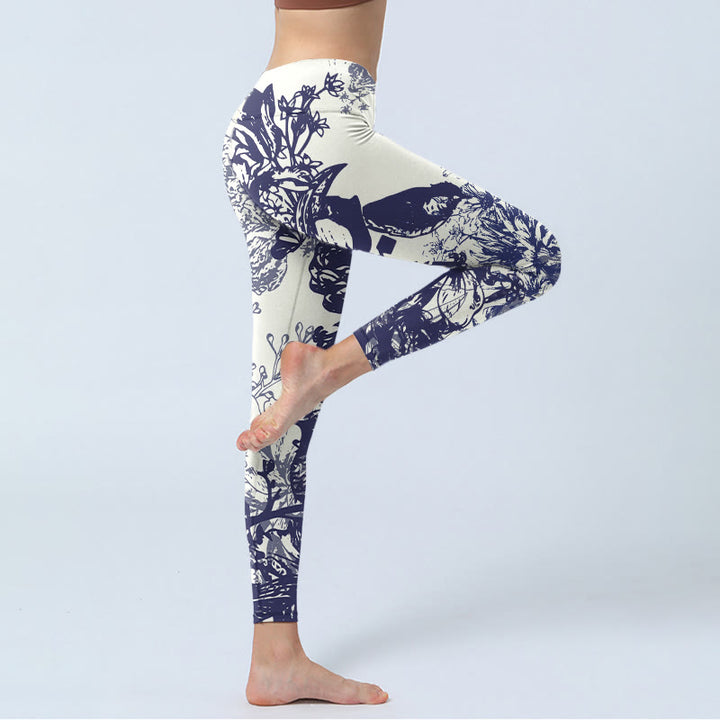Buddha Stones、ホワイトステッチ、花、葉、鳥、蝶柄プリント、ジムレギンス、レディースヨガパンツ - image 5