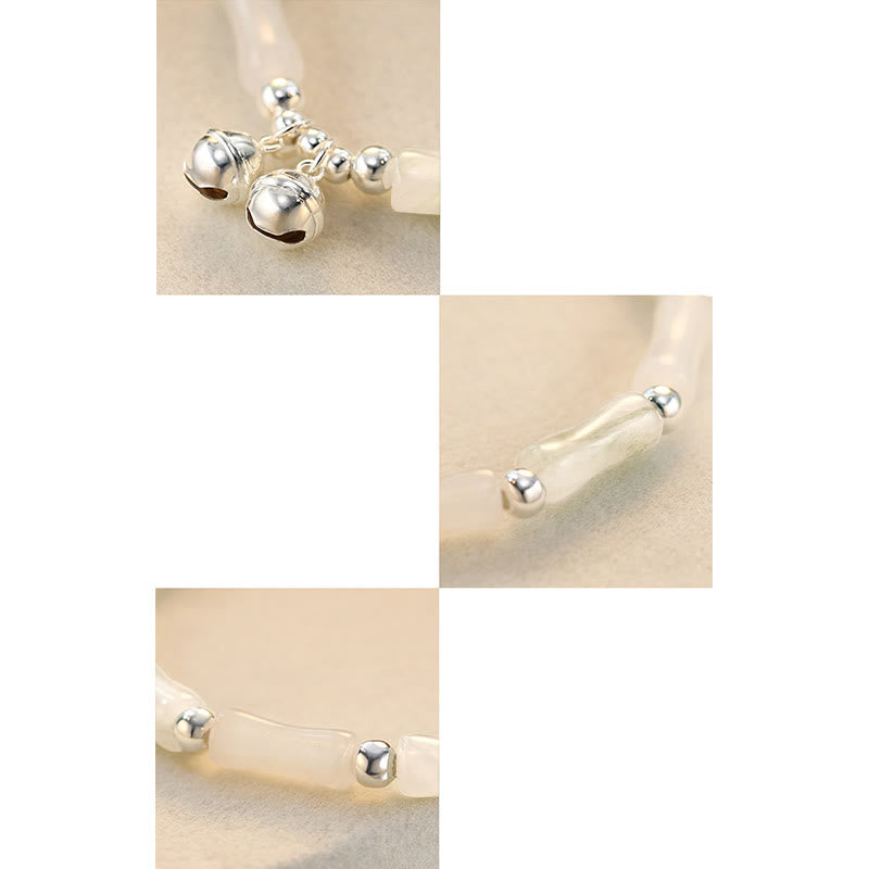 Buddha Stones 925スターリングシルバー 天然ホワイトジェイド 竹ベルチャーム 幸運 幸福 ブレスレット