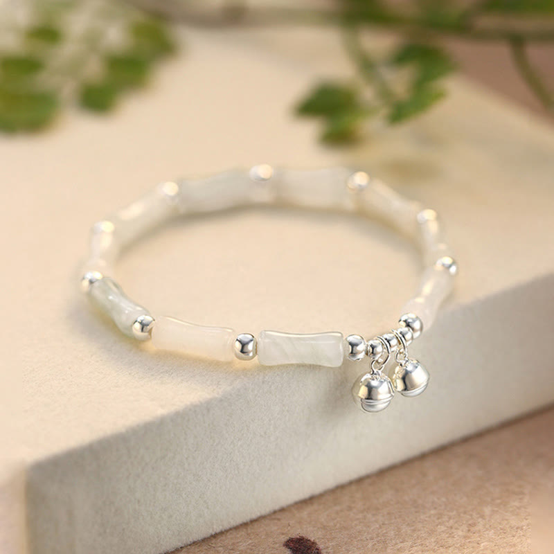 Buddha Stones 925スターリングシルバー 天然ホワイトジェイド 竹ベルチャーム 幸運 幸福 ブレスレット