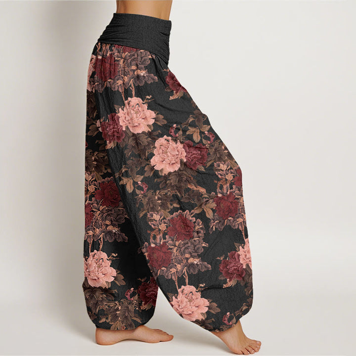 Buddha Stonesコットン カジュアル ラッシュ 牡丹 花 葉柄 レディース 伸縮性ウエスト ハーレムパンツ - image 1