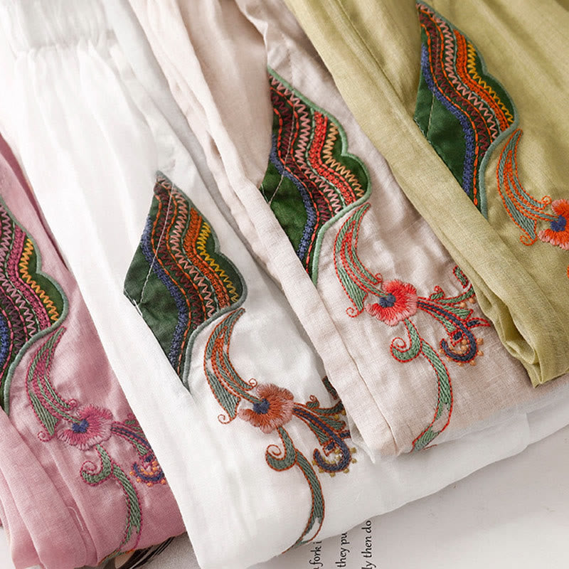 Buddha Stones夏用刺繍入りダブルレイヤーコットンリネンレディースワイドレッグパンツ（ポケット付き） - image 32