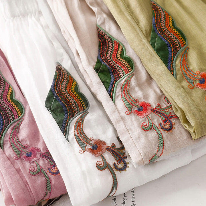 Buddha Stones夏用刺繍入りダブルレイヤーコットンリネンレディースワイドレッグパンツ（ポケット付き） - image 32