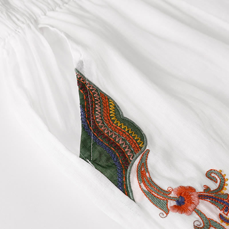 Buddha Stones夏用刺繍入りダブルレイヤーコットンリネンレディースワイドレッグパンツ（ポケット付き） - image 26