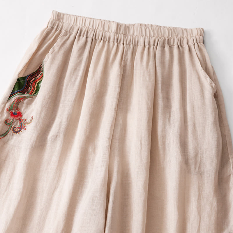Buddha Stones夏用刺繍入りダブルレイヤーコットンリネンレディースワイドレッグパンツ（ポケット付き） - image 18