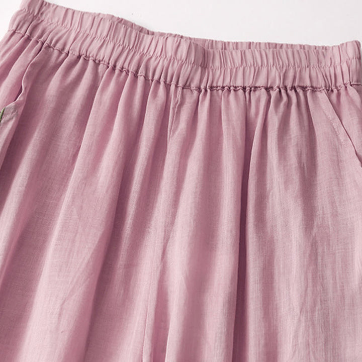 Buddha Stones夏用刺繍入りダブルレイヤーコットンリネンレディースワイドレッグパンツ（ポケット付き） - image 9