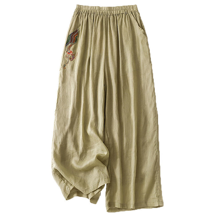 Buddha Stones夏用刺繍入りダブルレイヤーコットンリネンレディースワイドレッグパンツ（ポケット付き） - image 7