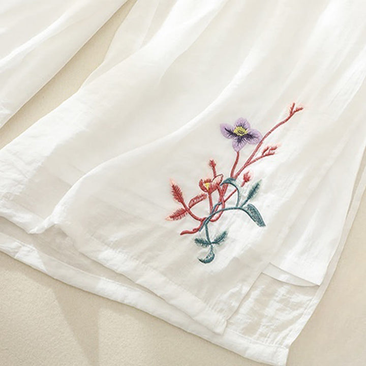 Buddha Stonesの芸術的な刺繍の花と二重層の中国のカエルのボタンのスプリットコットンリネンのレディースワイドレッグパンツ