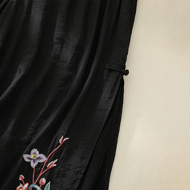 Buddha Stonesの芸術的な刺繍の花と二重層の中国のカエルのボタンのスプリットコットンリネンのレディースワイドレッグパンツ
