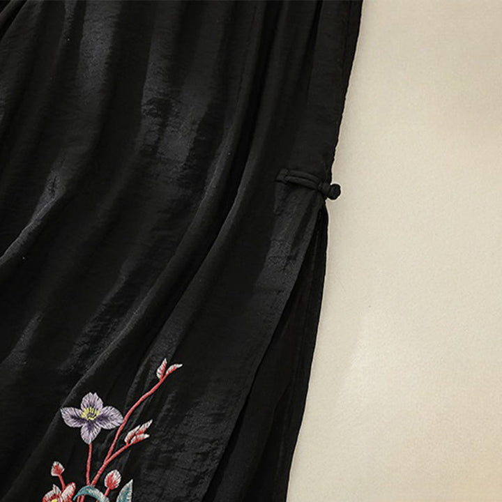 Buddha Stonesの芸術的な刺繍の花と二重層の中国のカエルのボタンのスプリットコットンリネンのレディースワイドレッグパンツ