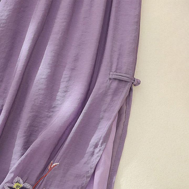 Buddha Stonesの芸術的な刺繍の花と二重層の中国のカエルのボタンのスプリットコットンリネンのレディースワイドレッグパンツ - image 13