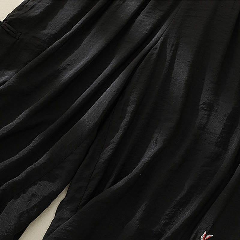 Buddha Stonesの芸術的な刺繍の花と二重層の中国のカエルのボタンのスプリットコットンリネンのレディースワイドレッグパンツ - image 15