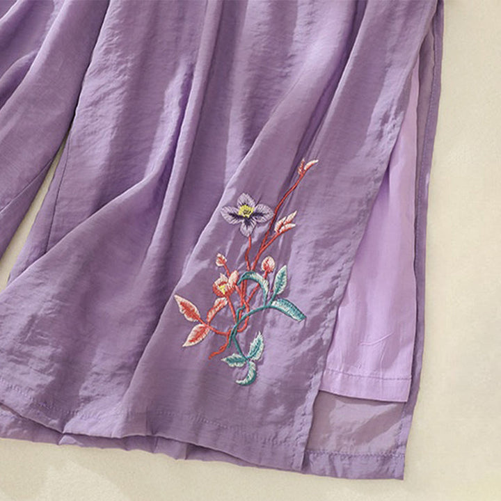 Buddha Stonesの芸術的な刺繍の花と二重層の中国のカエルのボタンのスプリットコットンリネンのレディースワイドレッグパンツ