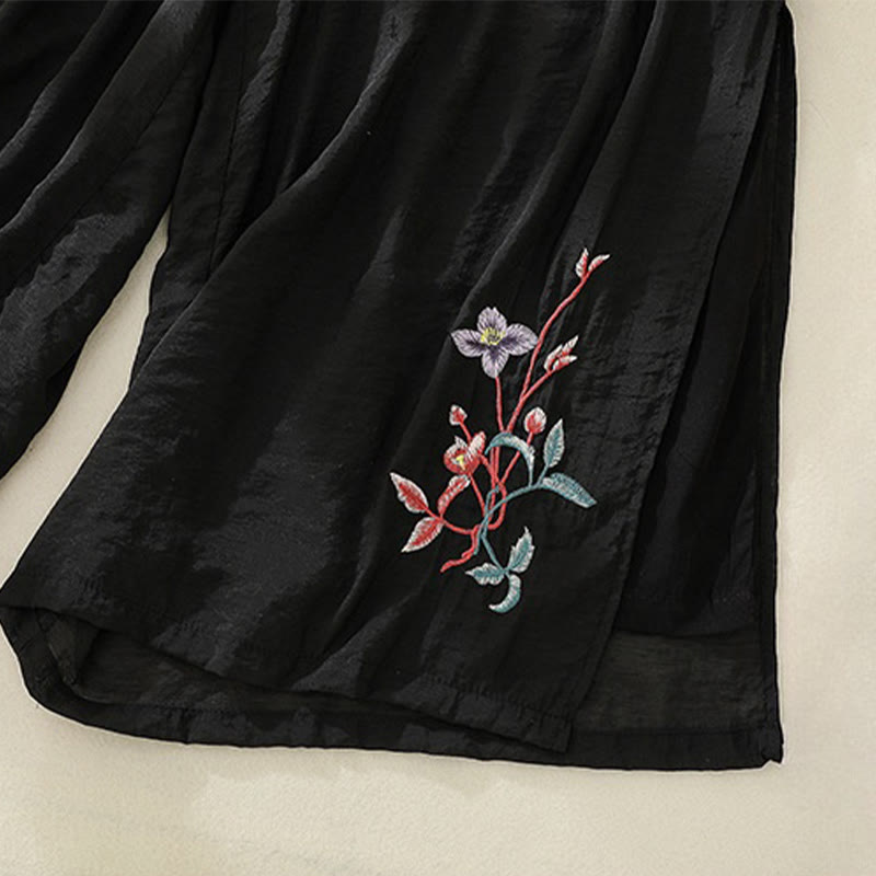 Buddha Stonesの芸術的な刺繍の花と二重層の中国のカエルのボタンのスプリットコットンリネンのレディースワイドレッグパンツ - image 16