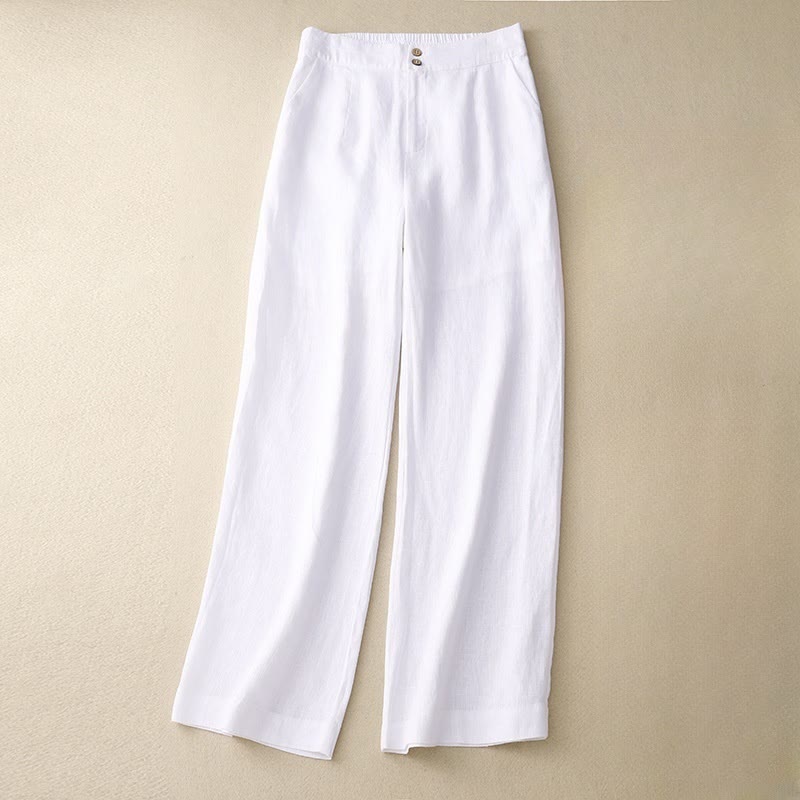 Buddha Stones夏 カジュアル シンプルデザイン リネン レディース ワイドレッグパンツ ジッパーポケット付き - 白 - US8-10，UK/AU12-14，EU40-42 (2XL) - image 6