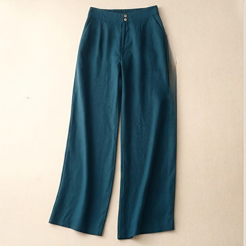 Buddha Stones夏物 カジュアル シンプル ジッパーデザイン リネン レディース ワイドレッグパンツ ポケット付き - ティール - US8-10，UK/AU12-14，EU40-42 (2XL) - image 0