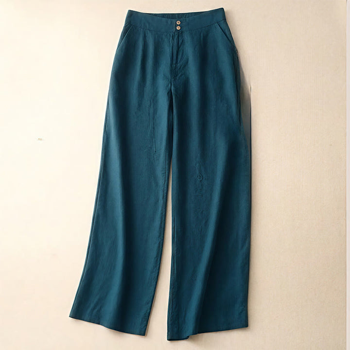 Buddha Stones夏物 カジュアル シンプル ジッパーデザイン リネン レディース ワイドレッグパンツ ポケット付き - ティール - US8-10，UK/AU12-14，EU40-42 (2XL) - image 0