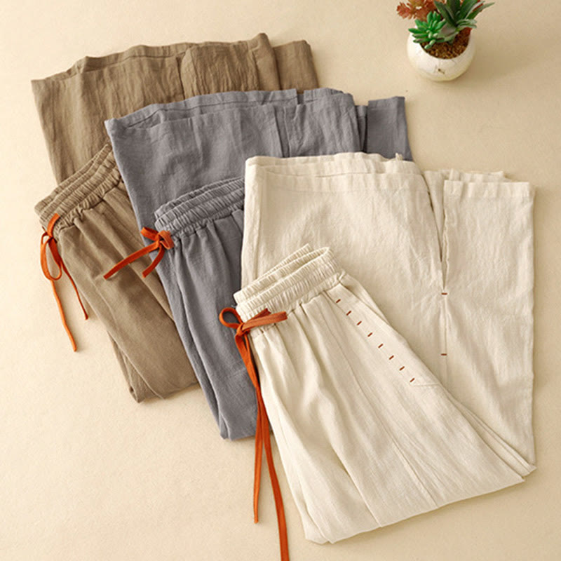 Buddha Stonesカジュアル シンプルデザイン ドローストリング スプリットコットンリネン レディース ワイドレッグパンツ ポケット付き - image 21