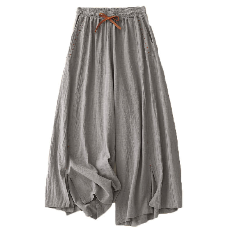 Buddha Stonesカジュアル シンプルデザイン ドローストリング スプリットコットンリネン レディース ワイドレッグパンツ ポケット付き - image 20