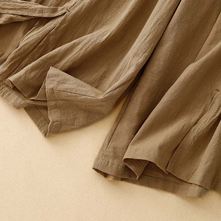 Buddha Stonesカジュアル シンプルデザイン ドローストリング スプリットコットンリネン レディース ワイドレッグパンツ ポケット付き - image 4