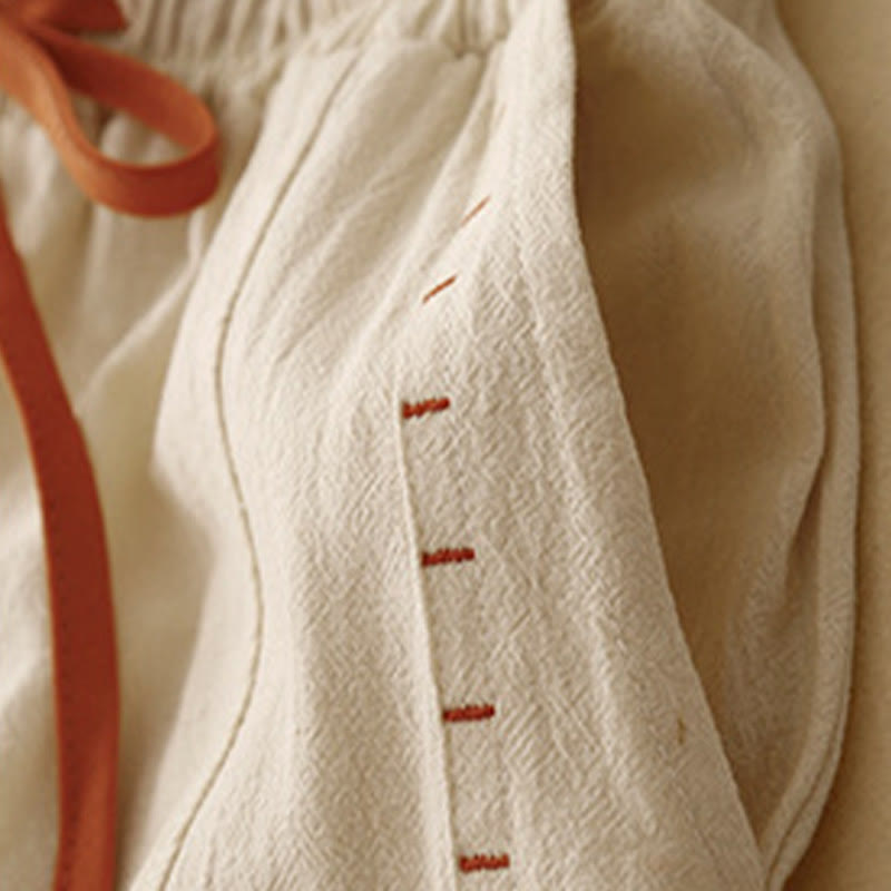 Buddha Stonesカジュアル シンプルデザイン ドローストリング スプリットコットンリネン レディース ワイドレッグパンツ ポケット付き - image 9