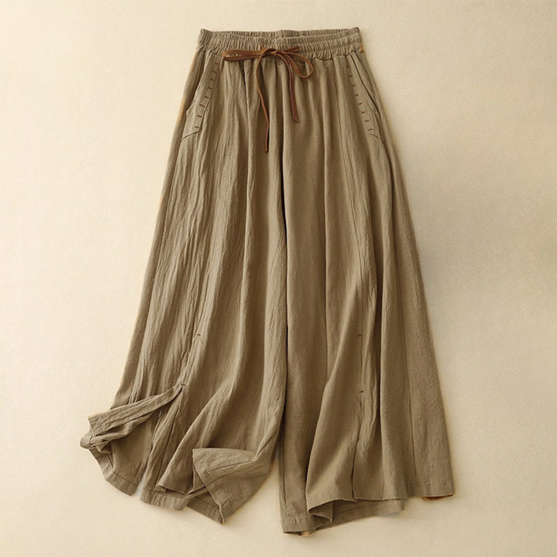 Buddha Stonesカジュアル シンプルデザイン ドローストリング スプリットコットンリネン レディース ワイドレッグパンツ ポケット付き - ダークゴールデンロッド - US8-10，UK/AU12-14，EU40-42 (2XL) - image 0