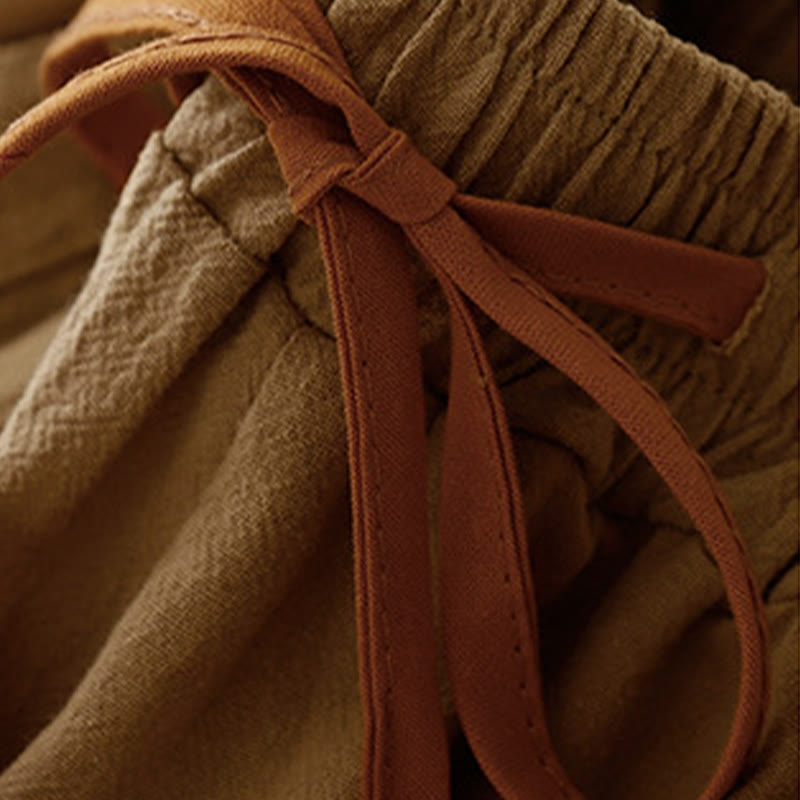 Buddha Stonesカジュアル シンプルデザイン ドローストリング スプリットコットンリネン レディース ワイドレッグパンツ ポケット付き - image 2