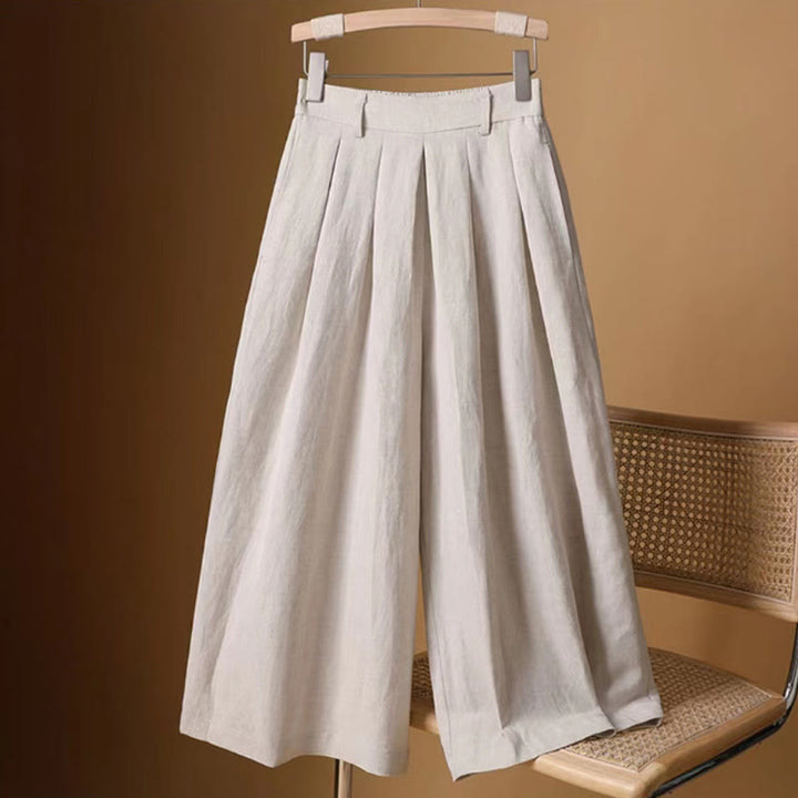 Buddha Stones夏 カジュアル 純色 7-8丈 コットンリネン レディース ワイドレッグパンツ - ベージュ - US12、 UK/AU16、 EU44 (3XL) - image 21