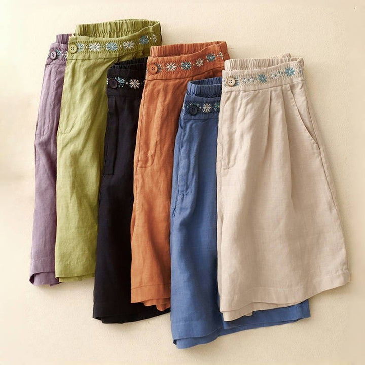 Buddha Stones夏 カジュアル 刺繍 花柄 プリーツ ジッパーボタン コットンリネン レディース ショートパンツ ポケット付き - image 29