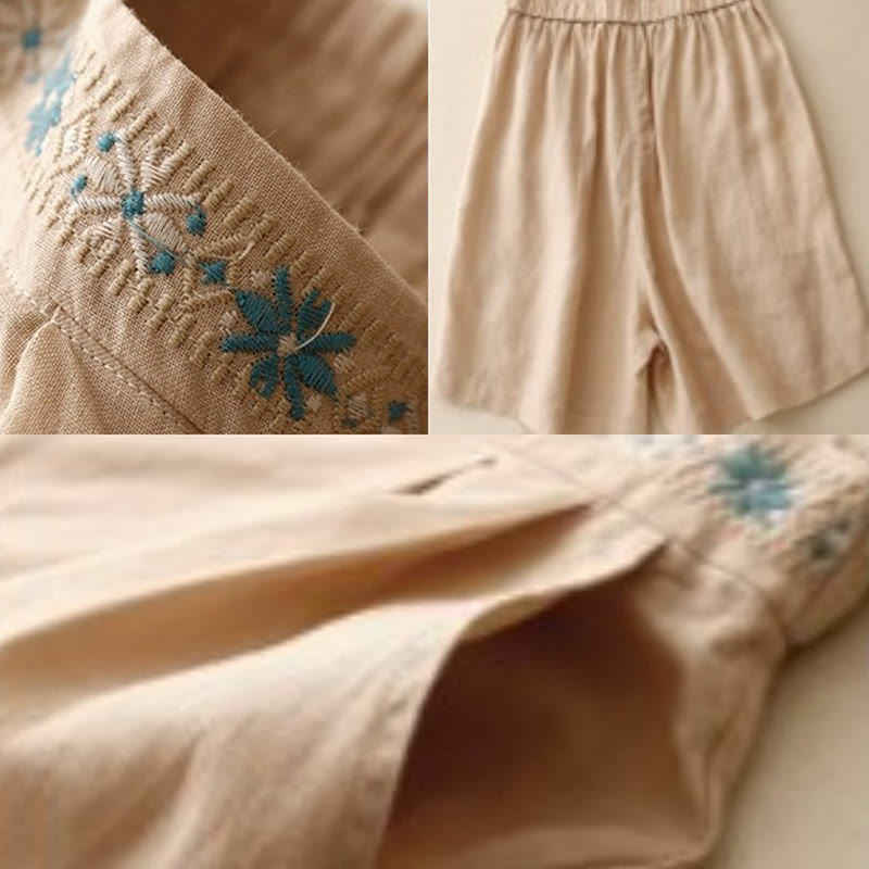 Buddha Stones夏 カジュアル 刺繍 花柄 プリーツ ジッパーボタン コットンリネン レディース ショートパンツ ポケット付き - image 25