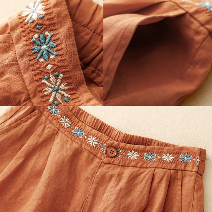 Buddha Stones夏 カジュアル 刺繍 花柄 プリーツ ジッパーボタン コットンリネン レディース ショートパンツ ポケット付き - image 15
