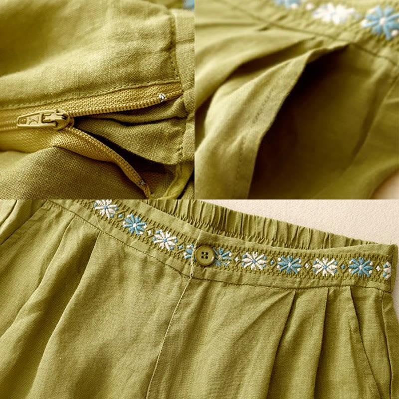 Buddha Stones夏 カジュアル 刺繍 花柄 プリーツ ジッパーボタン コットンリネン レディース ショートパンツ ポケット付き - image 7