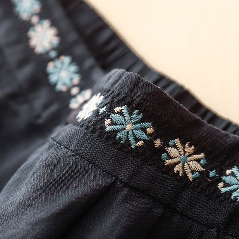 Buddha Stones夏 カジュアル 刺繍 花柄 プリーツ ジッパーボタン コットンリネン レディース ショートパンツ ポケット付き - image 18