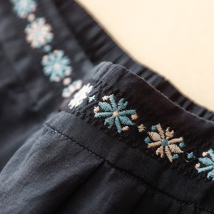 Buddha Stones夏 カジュアル 刺繍 花柄 プリーツ ジッパーボタン コットンリネン レディース ショートパンツ ポケット付き - image 18