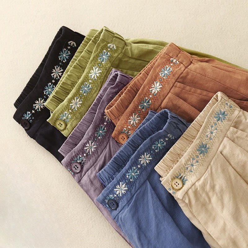 Buddha Stones夏 カジュアル 刺繍 花柄 プリーツ ジッパーボタン コットンリネン レディース ショートパンツ ポケット付き - image 28