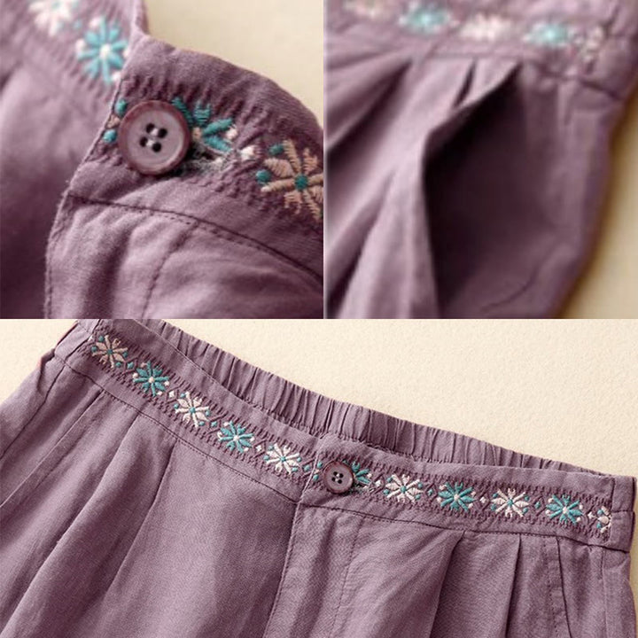 Buddha Stones夏 カジュアル 刺繍 花柄 プリーツ ジッパーボタン コットンリネン レディース ショートパンツ ポケット付き - image 11