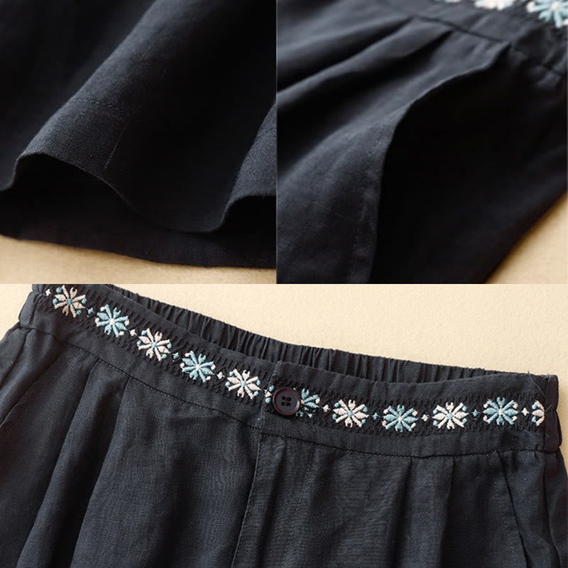 Buddha Stones夏 カジュアル 刺繍 花柄 プリーツ ジッパーボタン コットンリネン レディース ショートパンツ ポケット付き - image 20