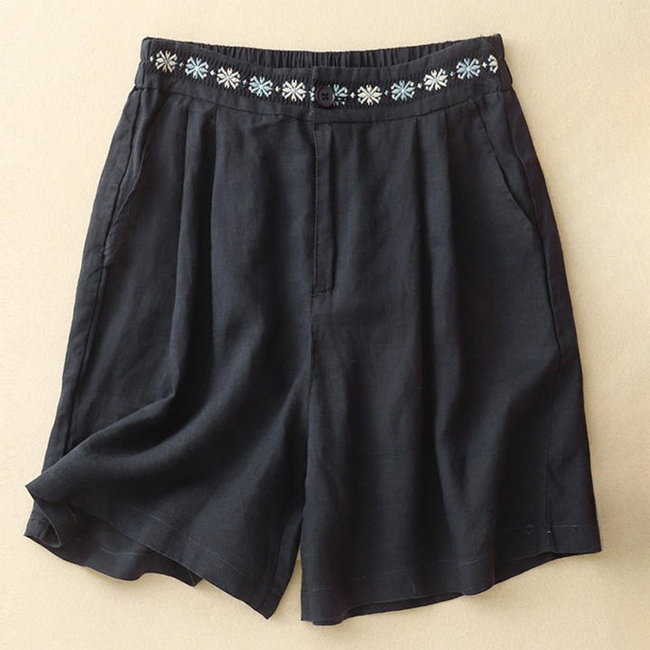 Buddha Stones夏 カジュアル 刺繍 花柄 プリーツ ジッパーボタン コットンリネン レディース ショートパンツ ポケット付き - 黒 - US8-10，UK/AU12-14，EU40-42 (2XL) - image 17