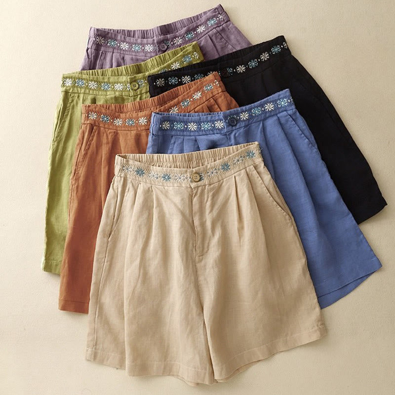 Buddha Stones夏 カジュアル 刺繍 花柄 プリーツ ジッパーボタン コットンリネン レディース ショートパンツ ポケット付き - image 27