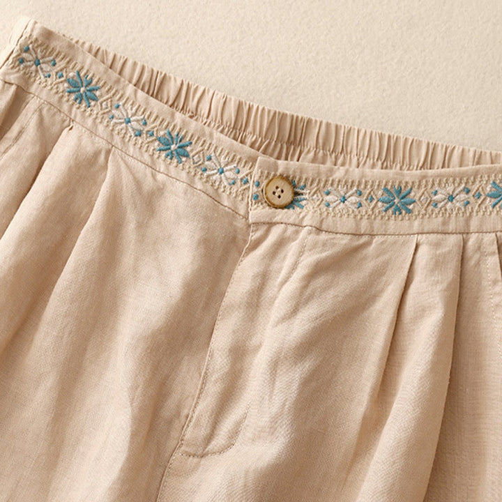 Buddha Stones夏 カジュアル 刺繍 花柄 プリーツ ジッパーボタン コットンリネン レディース ショートパンツ ポケット付き - image 23