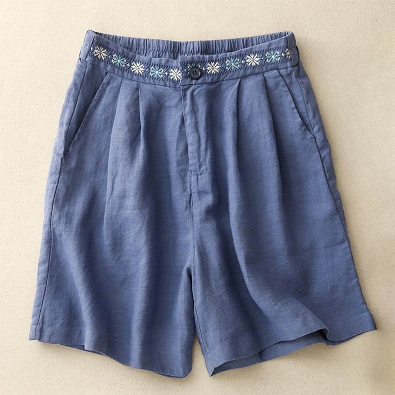 Buddha Stones夏 カジュアル 刺繍 花柄 プリーツ ジッパーボタン コットンリネン レディース ショートパンツ ポケット付き - ロイヤルブルー - US8-10，UK/AU12-14，EU40-42 (2XL) - image 0