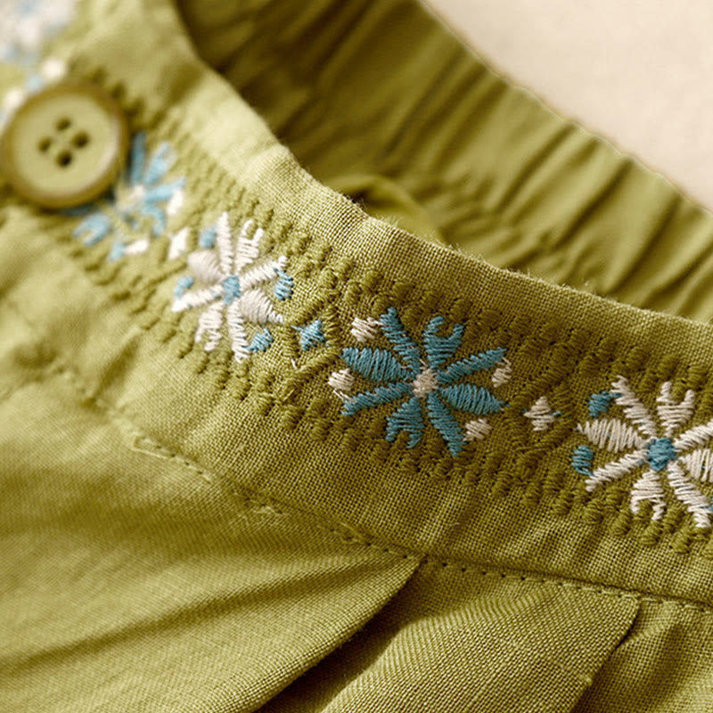 Buddha Stones夏 カジュアル 刺繍 花柄 プリーツ ジッパーボタン コットンリネン レディース ショートパンツ ポケット付き - image 5