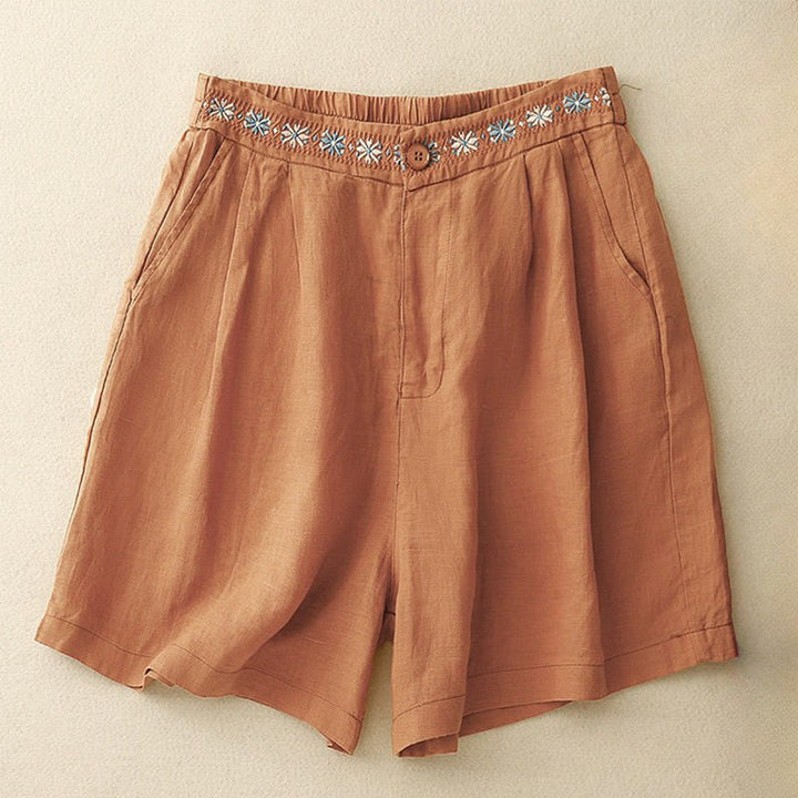 Buddha Stones夏 カジュアル 刺繍 花柄 プリーツ ジッパーボタン コットンリネン レディース ショートパンツ ポケット付き - コーラル - US8-10，UK/AU12-14，EU40-42 (2XL) - image 12