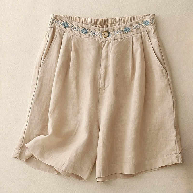 Buddha Stones夏 カジュアル 刺繍 花柄 プリーツ ジッパーボタン コットンリネン レディース ショートパンツ ポケット付き - 小麦 - US8-10，UK/AU12-14，EU40-42 (2XL) - image 22