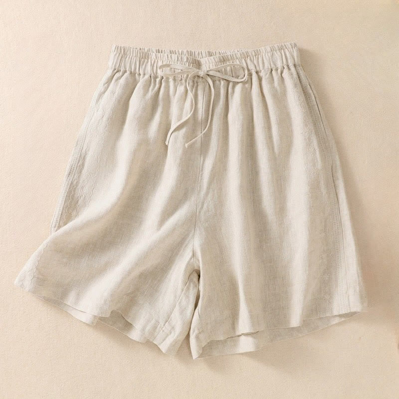 Buddha Stonesカジュアル 花柄 刺繍 ドローストリング コットンリネン レディース ショートパンツ ポケット付き - ベージュ - US8-10，UK/AU12-14，EU40-42 (2XL) - image 9