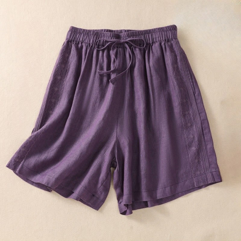 Buddha Stonesカジュアル 花柄 刺繍 ドローストリング コットンリネン レディース ショートパンツ ポケット付き - ダークマゼンタ - US8-10，UK/AU12-14，EU40-42 (2XL) - image 0