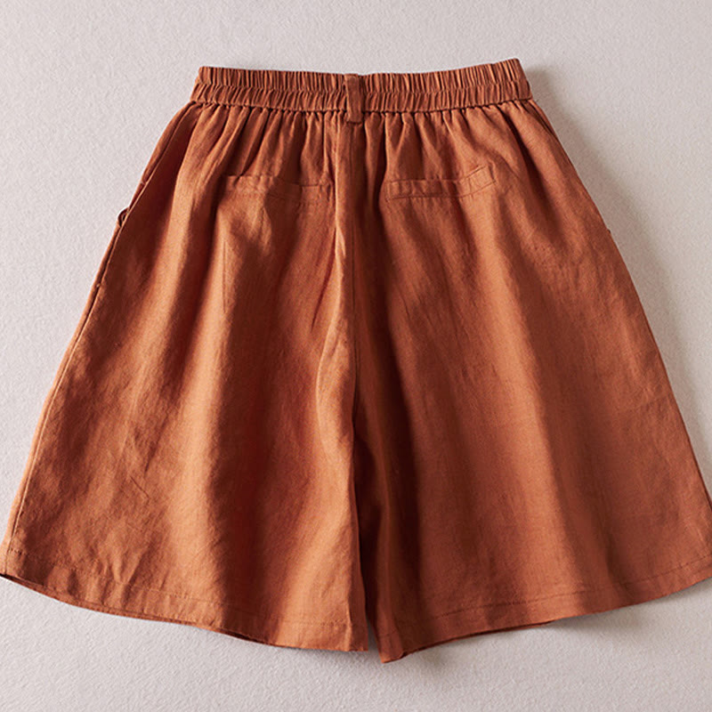 Buddha Stones夏 デイリー シンプル シワ加工 コットンリネン レディース ショートパンツ ポケット付き - image 1