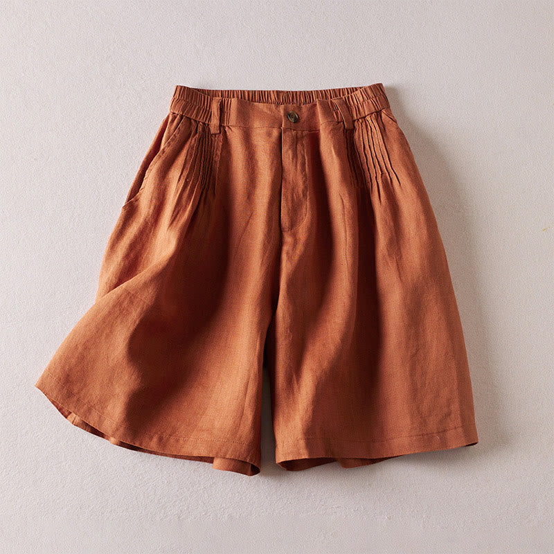 Buddha Stones夏 デイリー シンプル シワ加工 コットンリネン レディース ショートパンツ ポケット付き - チョコレート - US8-10，UK/AU12-14，EU40-42 (2XL) - image 0