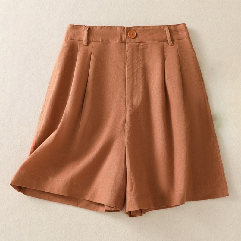 Buddha Stones夏カジュアル 純色 コットンリネン レディース ポケット付きショートパンツ - チョコレート - US8-10，UK/AU12-14，EU40-42 (2XL) - image 0